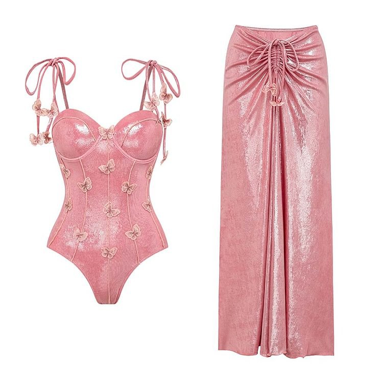 Rose Quartz- the Shimmering Pink Swimsuit and/or Skirt with Butterflies