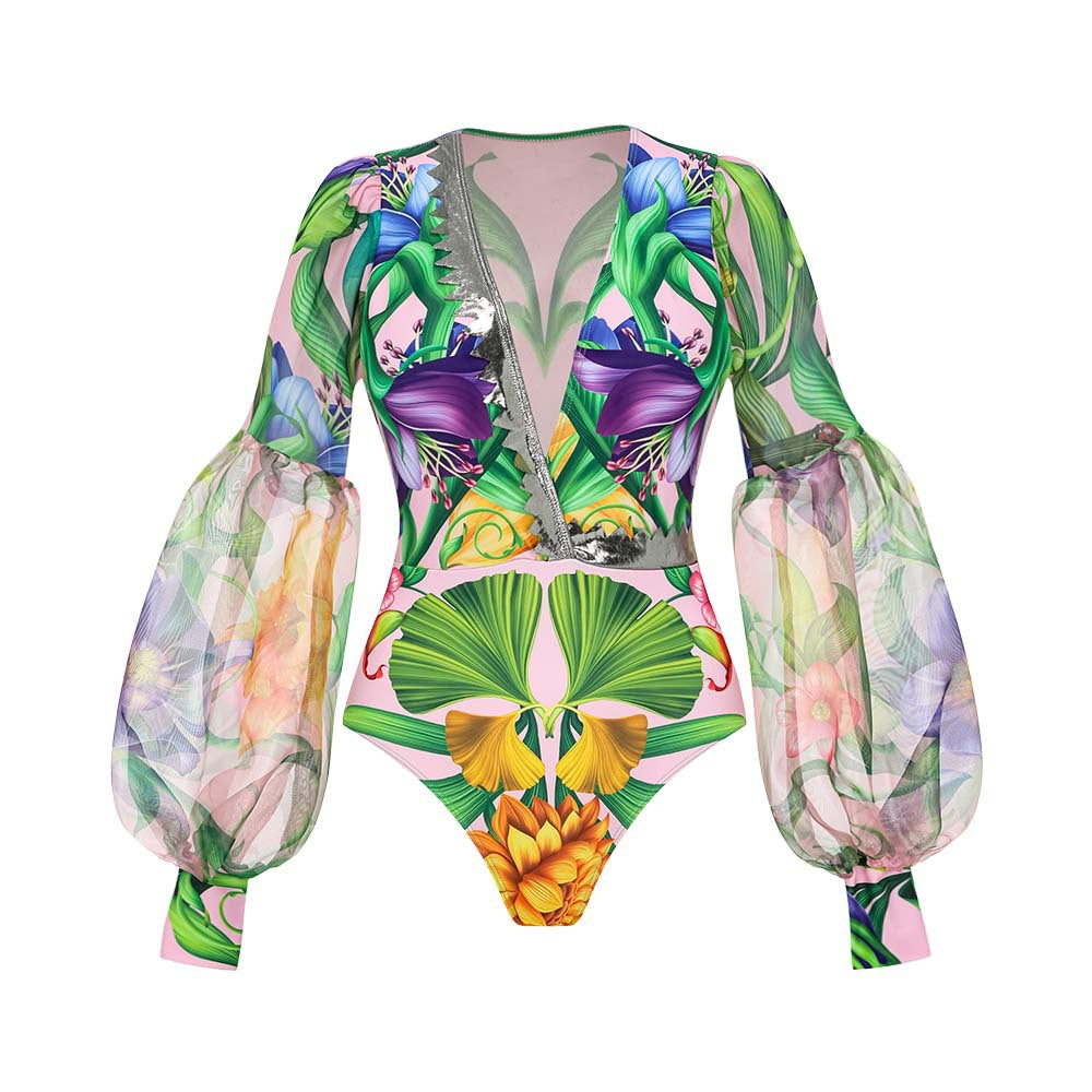 Gingko- the Bold Flower and Leaf Print Long Sleeved Swimsuit and/or  Skirt