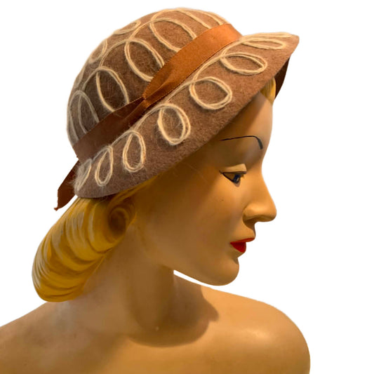 Speckled Mocha Felted Wool Hat with Embroidered Swirls circa 1940s