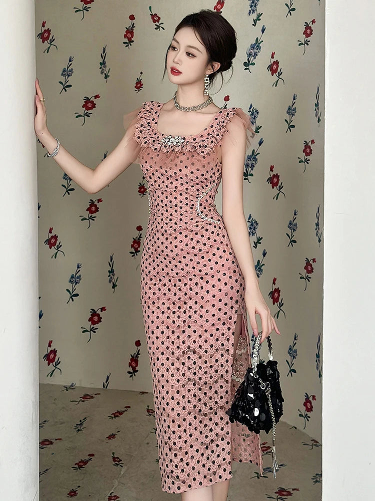 Polka Dot Dreams- the Polka Dot Lace Pink and Black Cocktail Dress