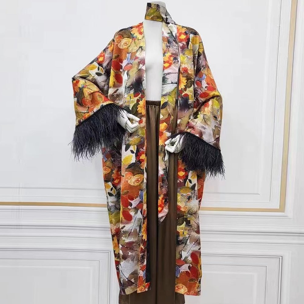 Norma- the Feather Trimmed 1920s Style Satin Robe Dress