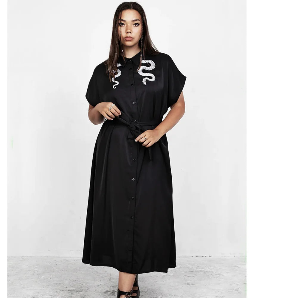 Slither- the Snake Adorned Black Shirt Dress