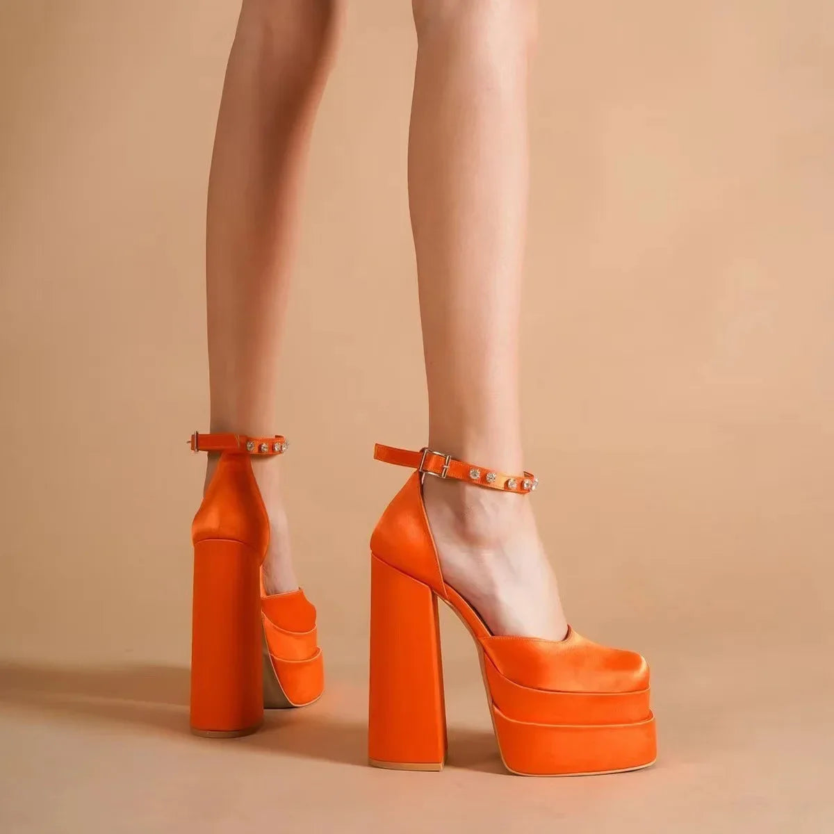 Noosha- the Solid Colored Satin Platform Shoes with Ankle Straps 3 Colors