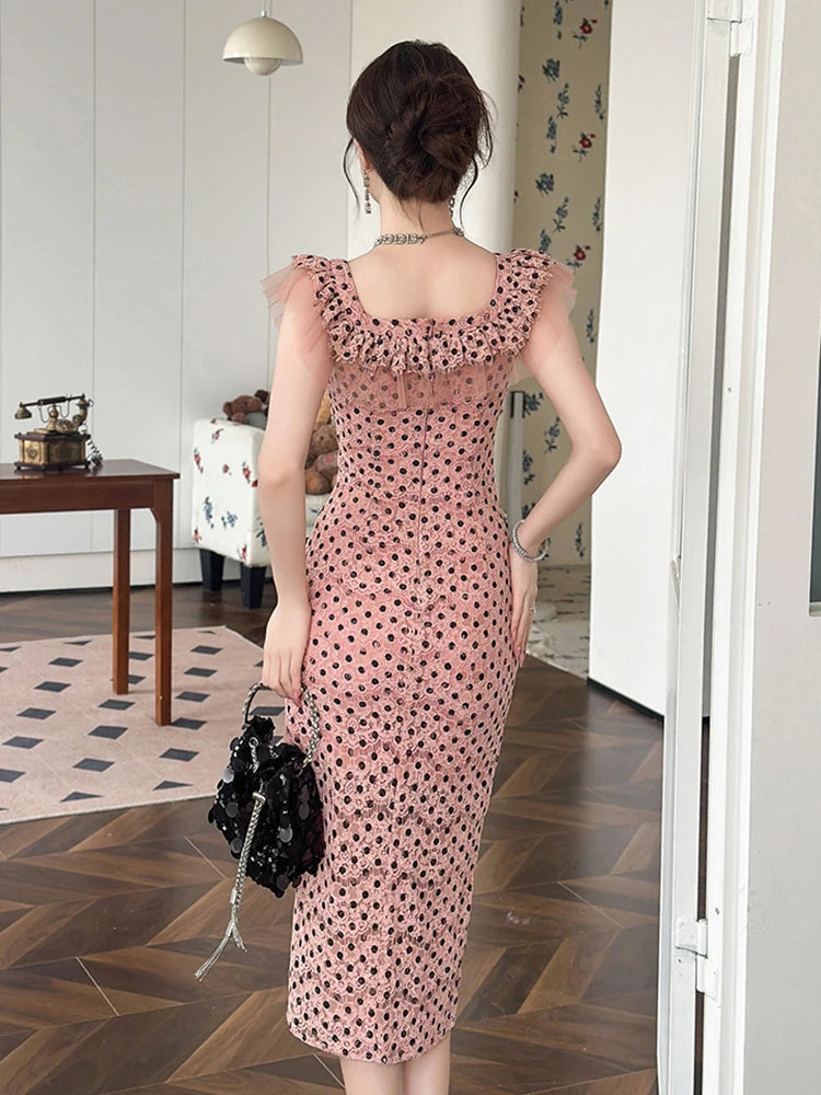 Polka Dot Dreams- the Polka Dot Lace Pink and Black Cocktail Dress