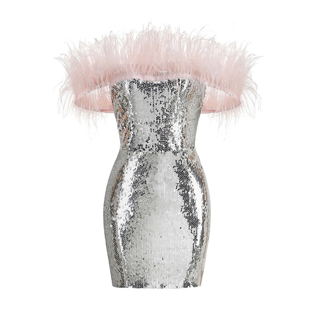 Fossie- the Pink Marabou Feather Adorned Silver Sequined Mini Dress