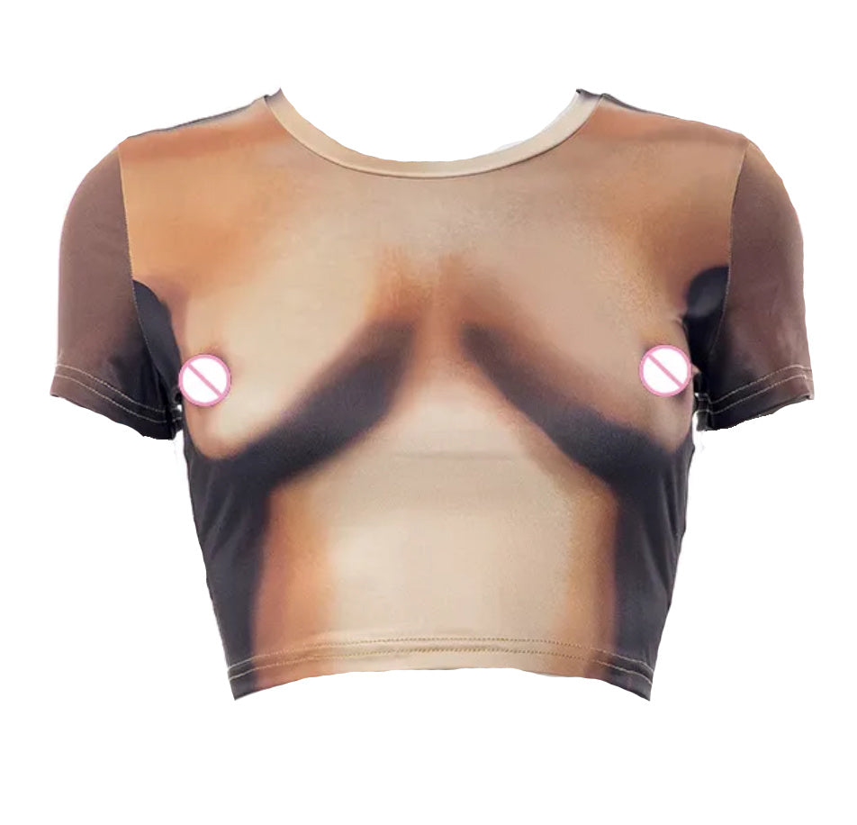 Nude- the Bare Chest Body Print Cropped Tee Shirt