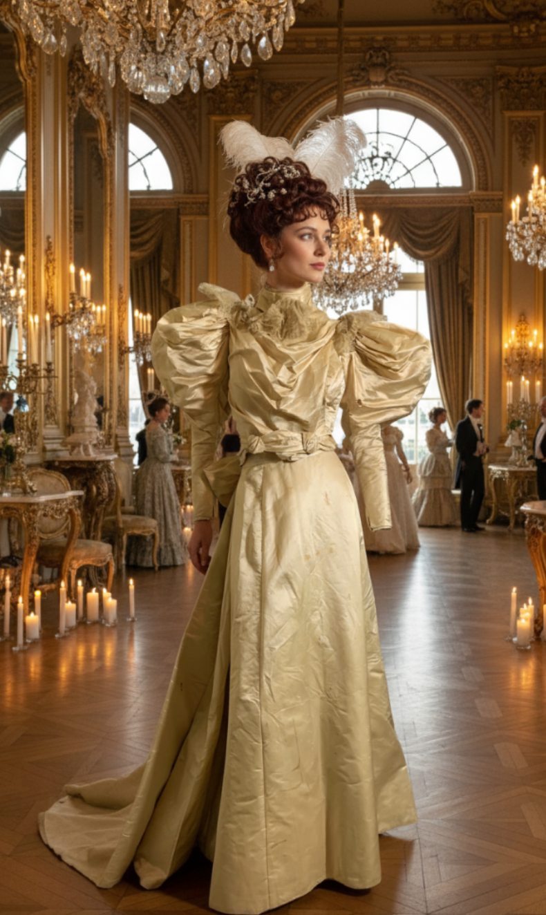 Candlelight Silk and Lace Bridal Ensemble with Leg of Mutton Sleeves and Bible circa 1895