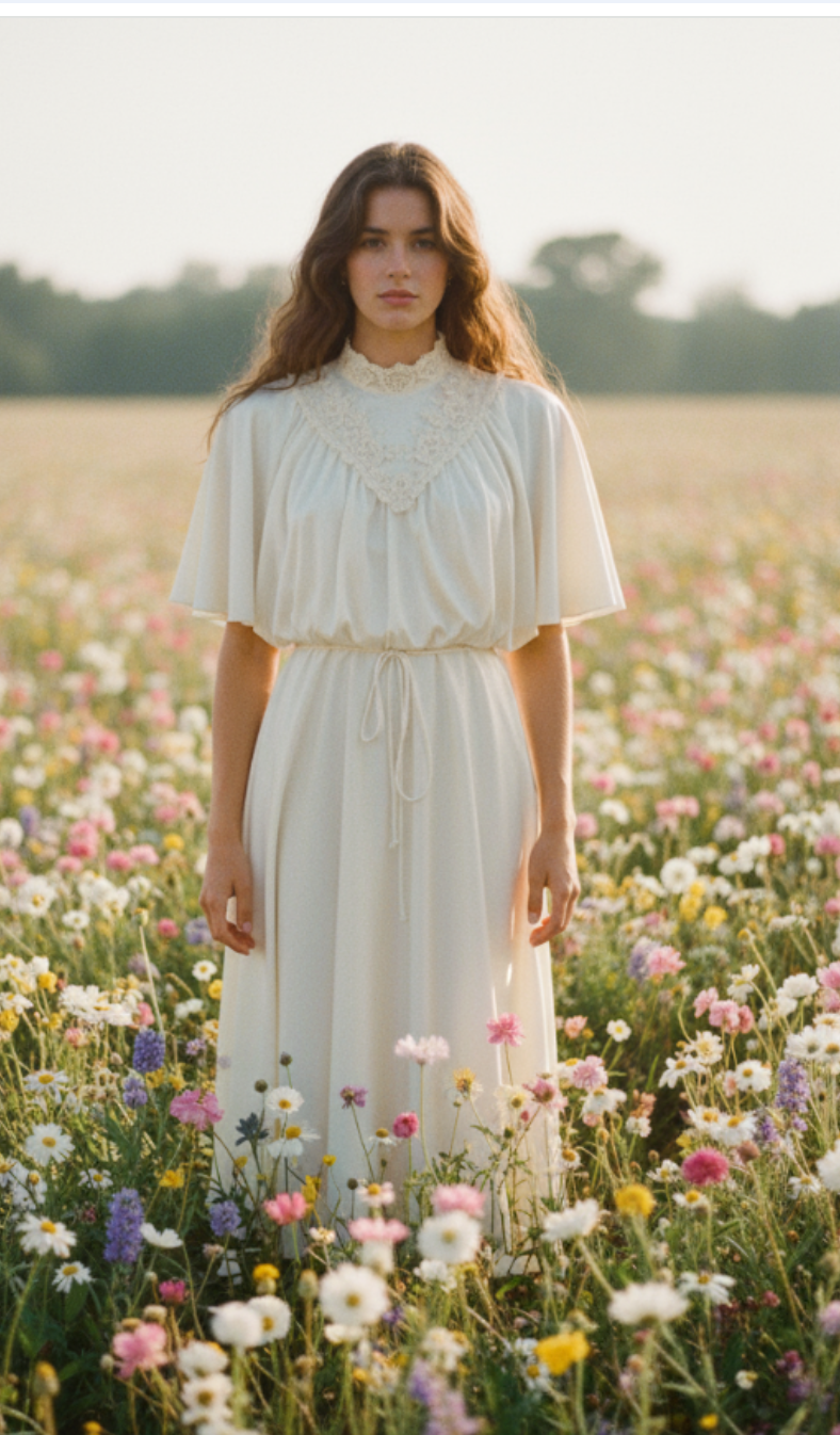 Gunne Style Ivory Jersey Nylon Blouson Bodice Lace Trimmed Dress circa 1970s