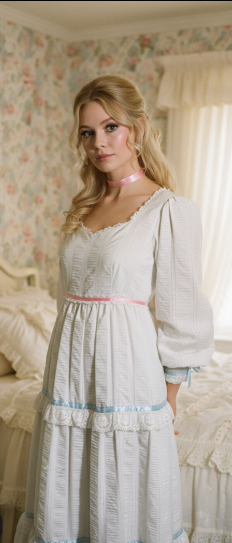 White Embroidered Cotton Maxi Dress with Pink and Blue Ribbon Trim circa 1970s