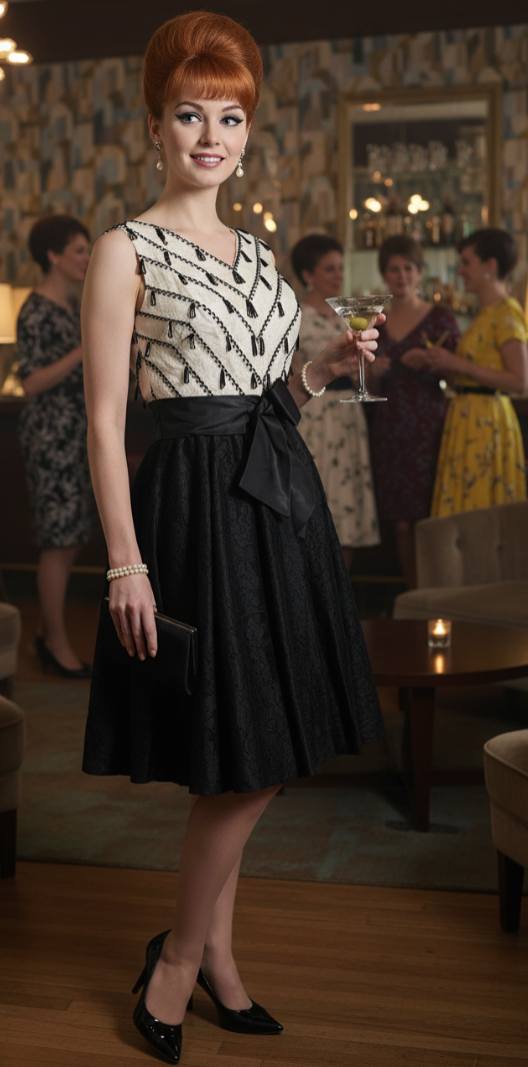 Sassy Little Black and White Mini Cocktail Dress with Loop Tassels on Lace Bodice circa 1960s