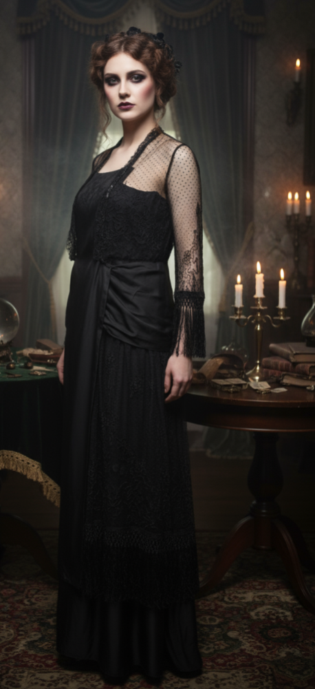 Elaborate Ink Black Silk Formal Dress with Beading Lace and Long Fringe circa 1910s