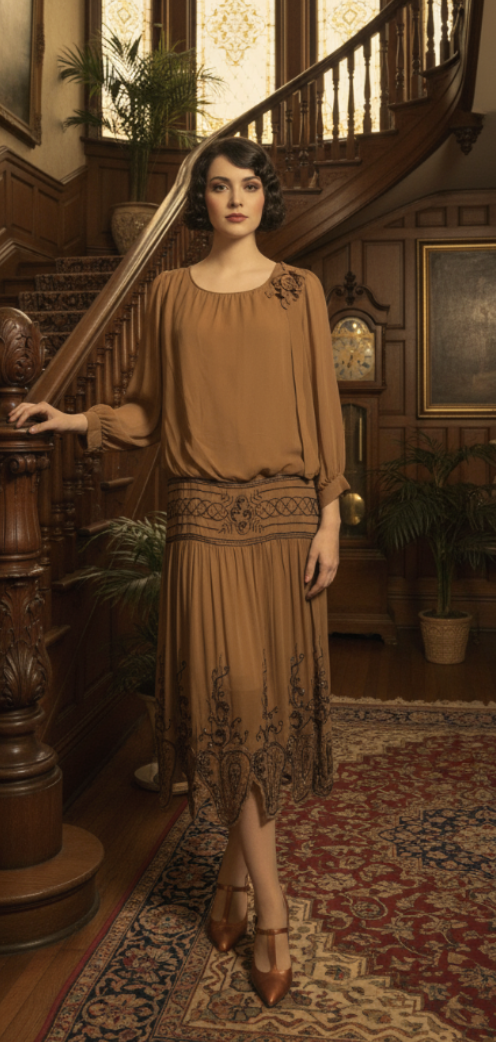 Cinnamon Silk Blouson Dropped Waist Beaded Dress circa 1920s
