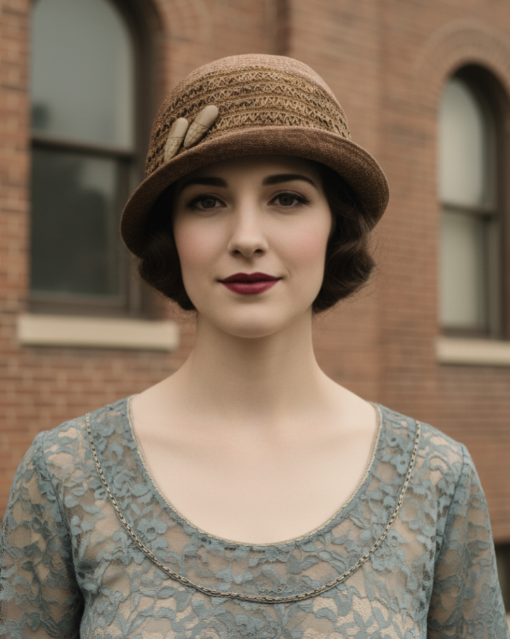 Late Teens/Early 20s Brown Ribbon and Carved Bakelite Trimmed Cloche Hat circa 1920s