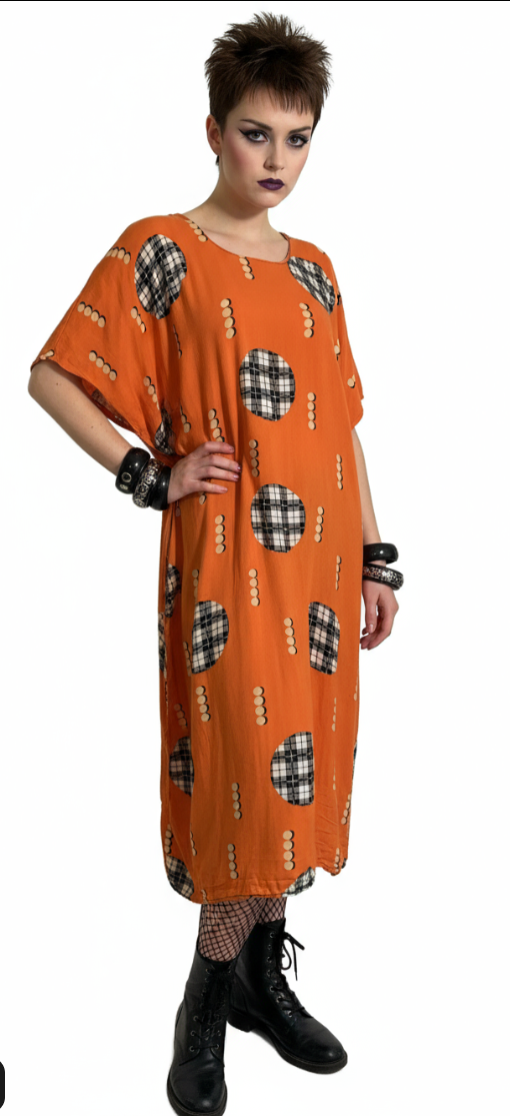 Art Deco Print Orange and Black Rayon Tunic Dress circa 1980s