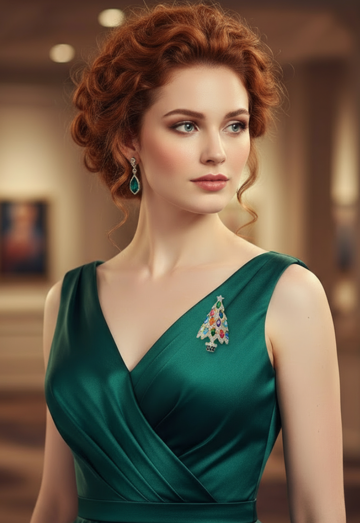 Rosemary- a Modern Christmas Tree Brooch w/ Colored Rhinestones