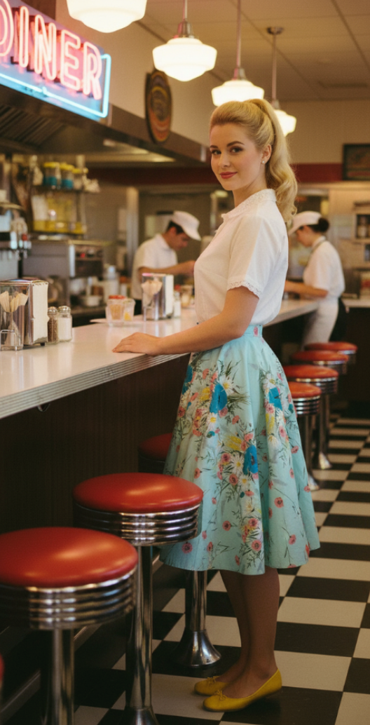 Wildflower Bouquet Print Sky Blue Circle Skirt circa 1950s