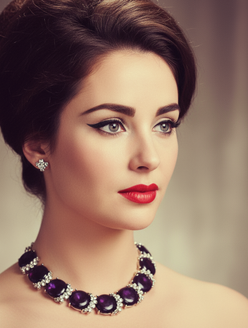 Purple Thermoset Plastic Disc Necklace with Rhinestones circa 1960s