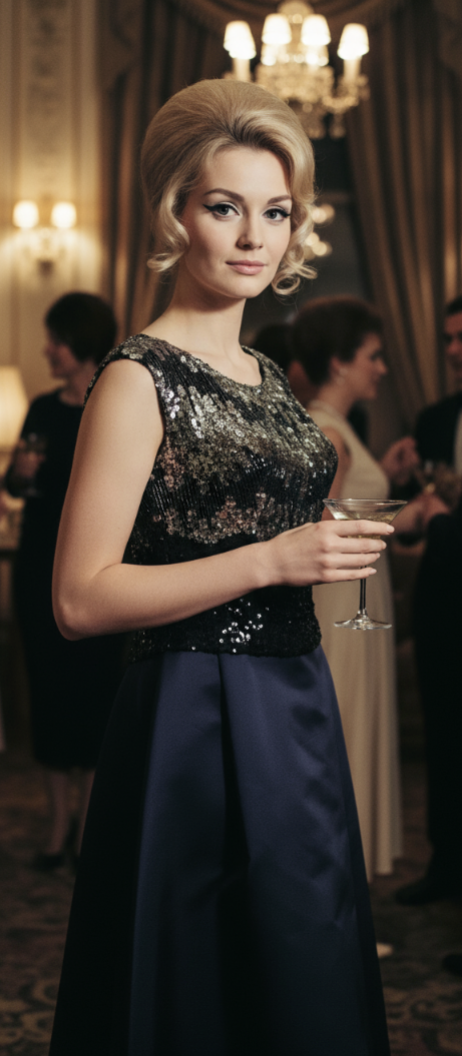 Sparkling Silver Star Sequined Bodice 3 Pc Deep Blue Silk Dress Sequined Top AND Jacket circa 1960s