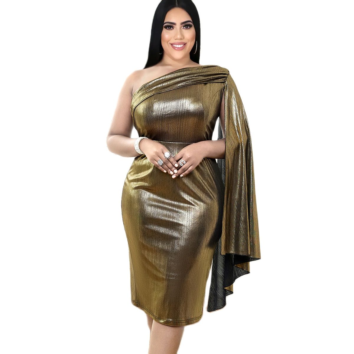 Gold Shoulder- the Golden Metallic One Shoulder Cocktail Dress Plus Sizes