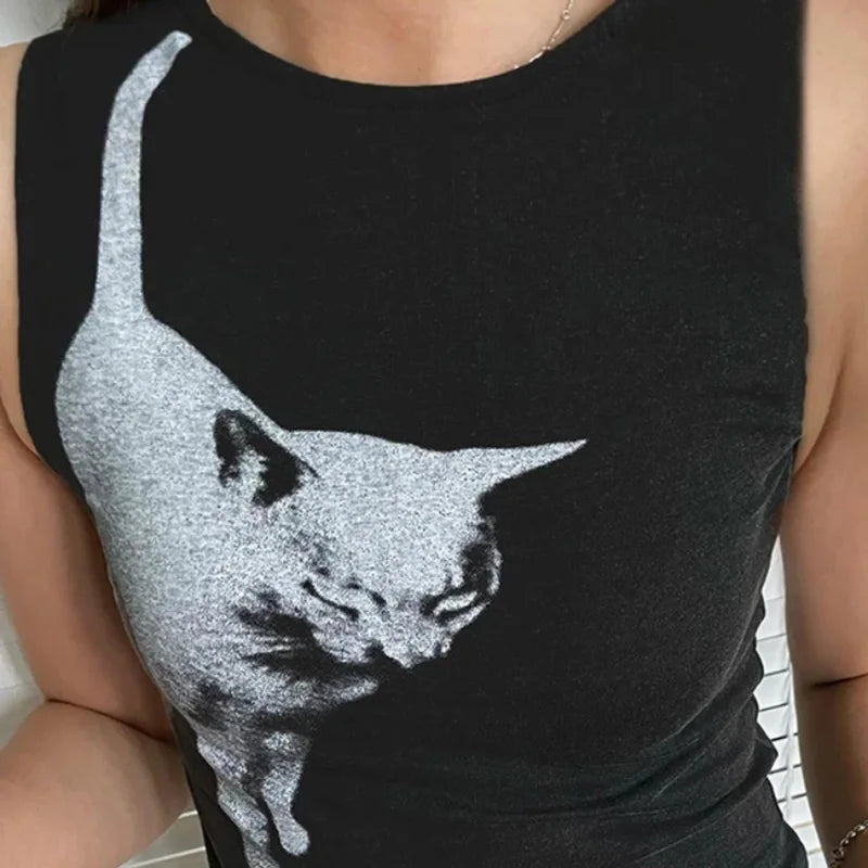 Catwalk- the Black and White Kitty Print Tank Top