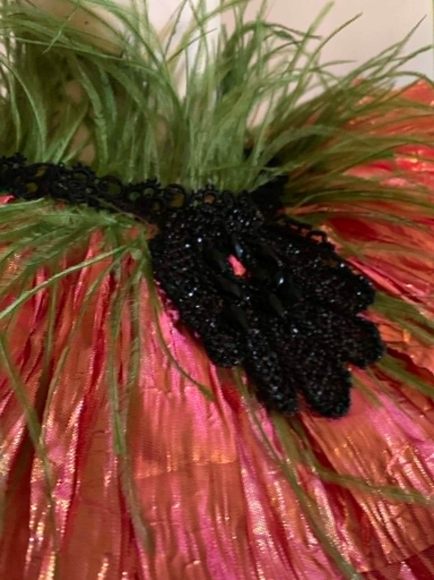 Ruffed Up- the Reimagined Pleated Iridescent Coral Ruffled Collar with Beads and Feathers