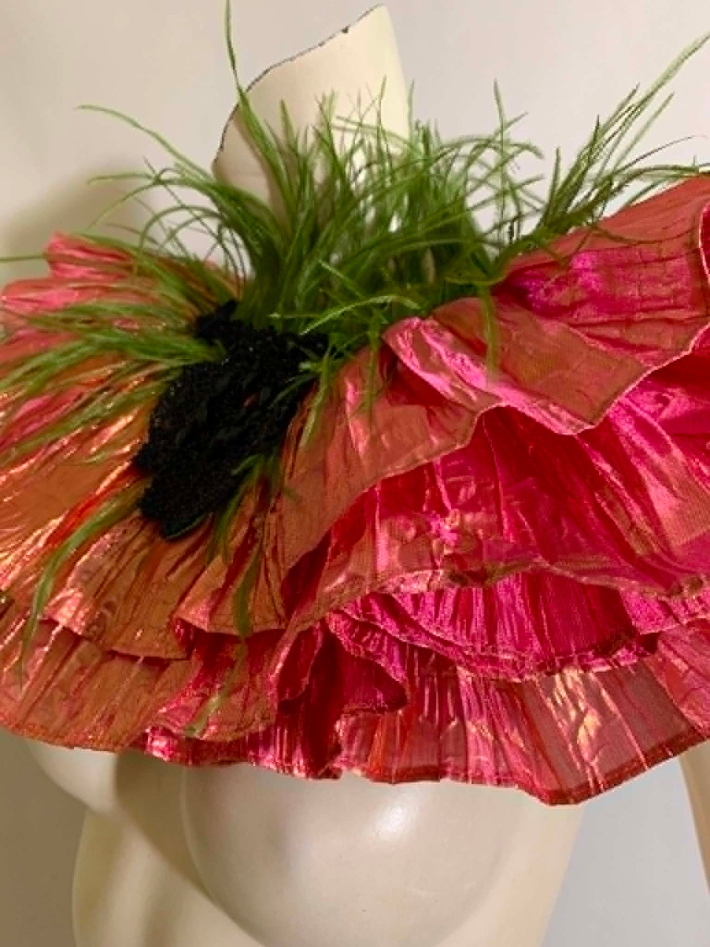 Ruffed Up- the Reimagined Pleated Iridescent Coral Ruffled Collar with Beads and Feathers