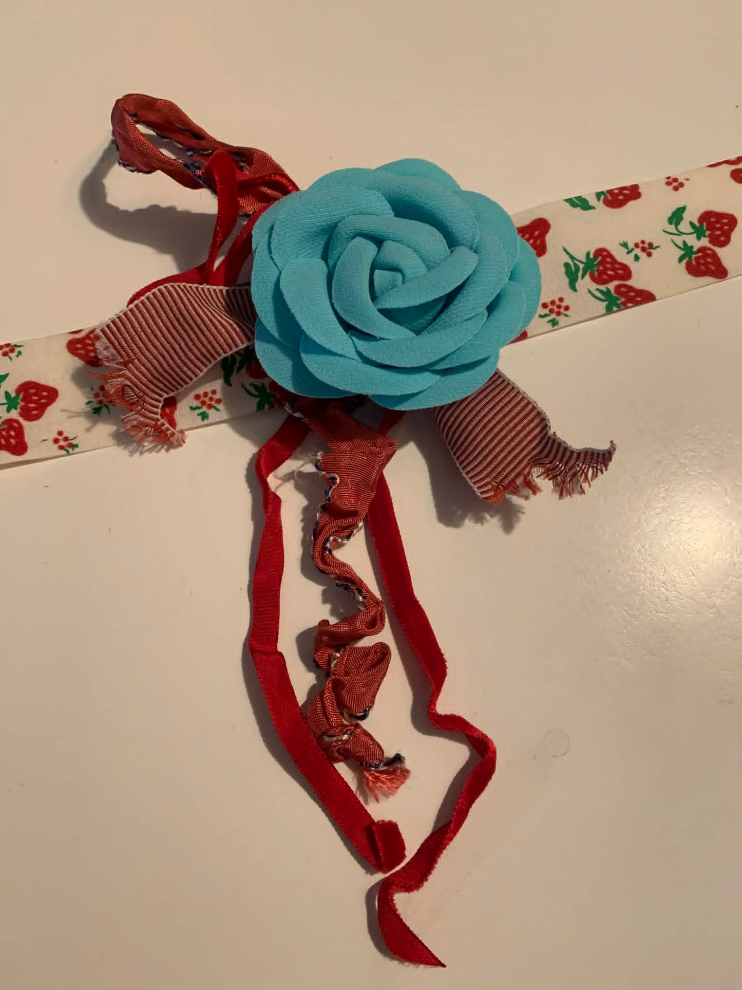 Farmer's Daughter Reimagined Vintage Strawberry Ribbon Choker Necklace w/ Blue Flower Lots of Ribbon Trim