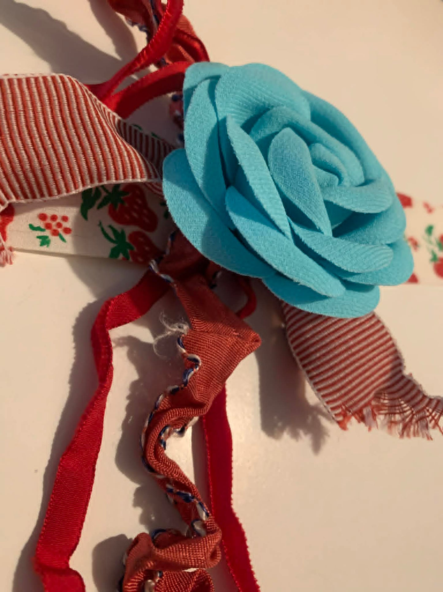 Farmer's Daughter Reimagined Vintage Strawberry Ribbon Choker Necklace w/ Blue Flower Lots of Ribbon Trim