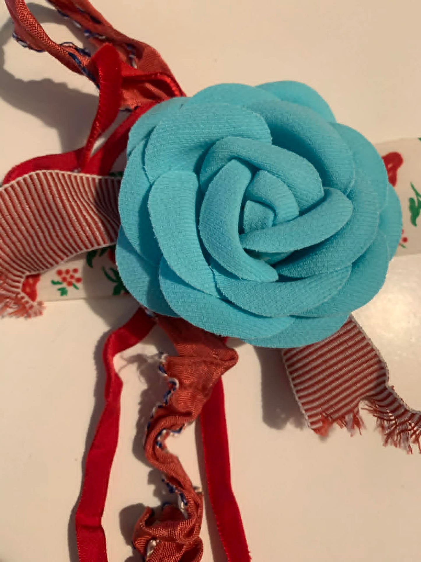 Farmer's Daughter Reimagined Vintage Strawberry Ribbon Choker Necklace w/ Blue Flower Lots of Ribbon Trim