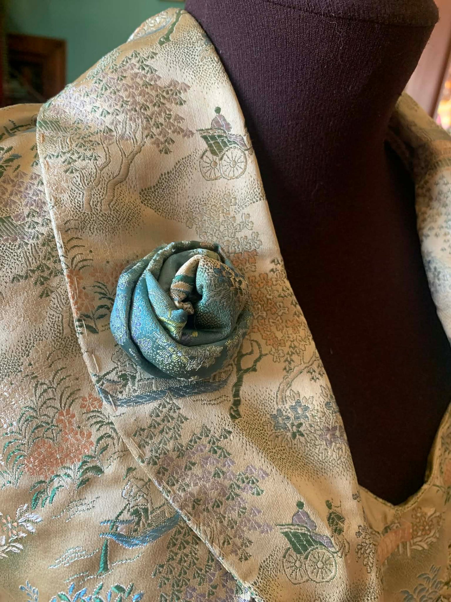 Chinese Embroidered Silk Halter Dress and Jacket with Hat and Brooch circa 1950s