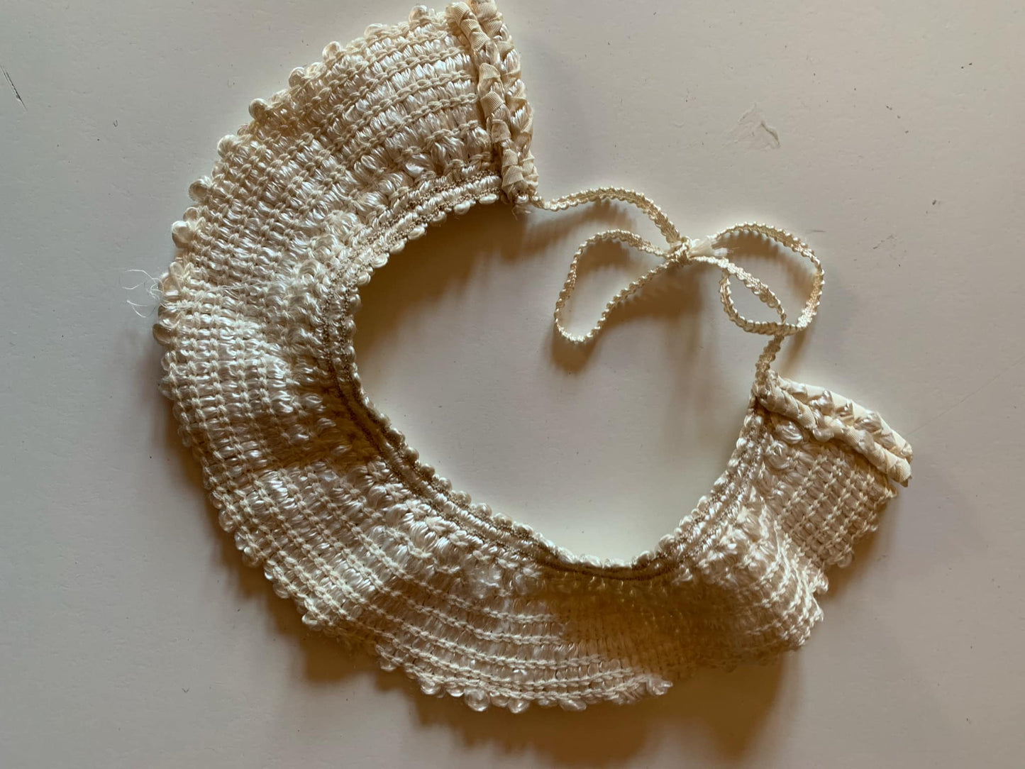 Winter White Crocheted Ribbon Collar with Faux Pearls circa 1960s