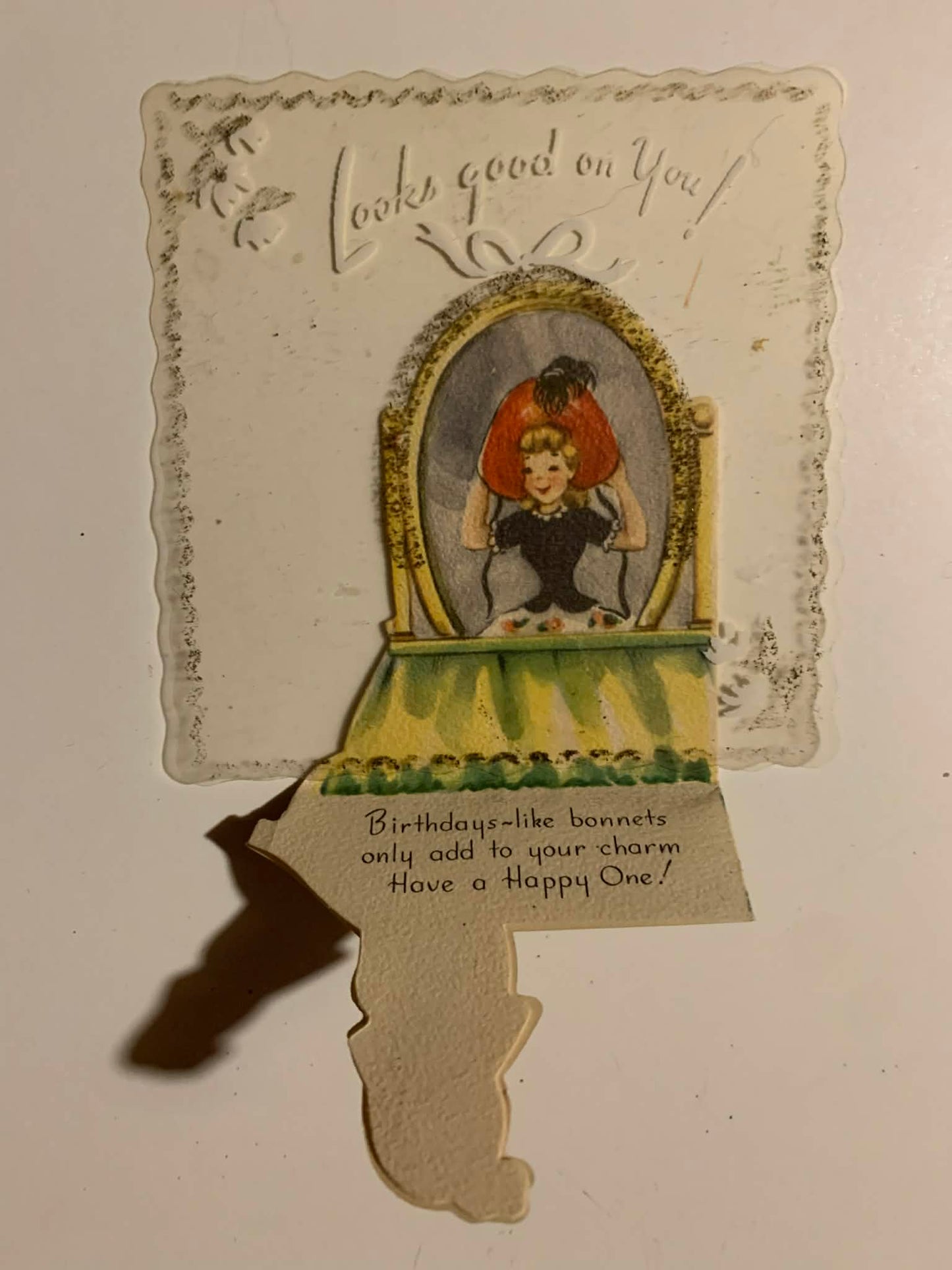 Cellophane Woman In Mirror Folding Birthday Card 1940s