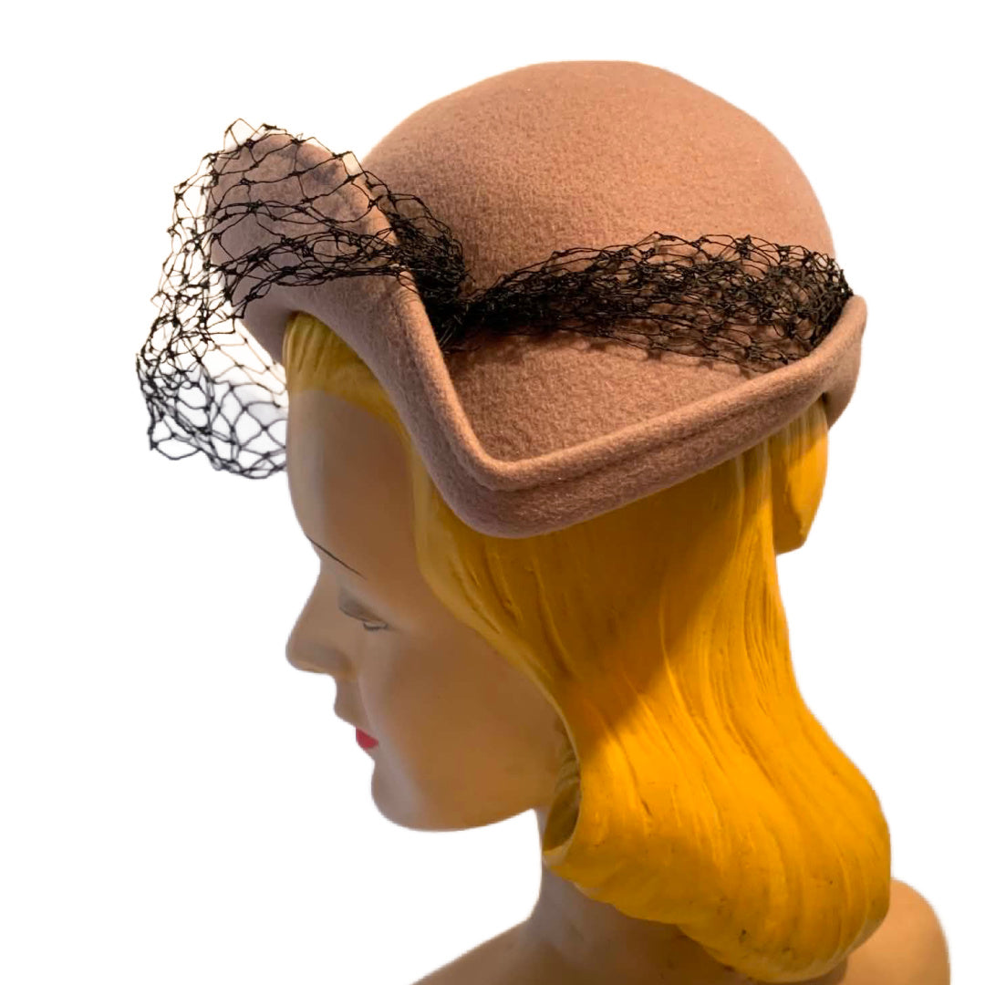 Rose Tan Angled Asymmetrical Fedora Hat with Veil circa 1940s
