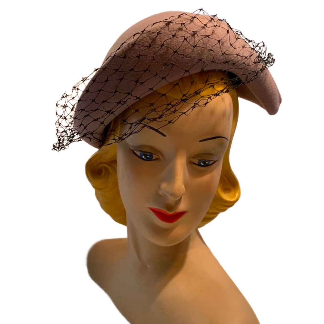 Rose Tan Angled Asymmetrical Fedora Hat with Veil circa 1940s