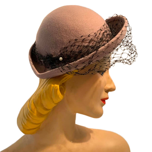 Rose Tan Angled Asymmetrical Fedora Hat with Veil circa 1940s
