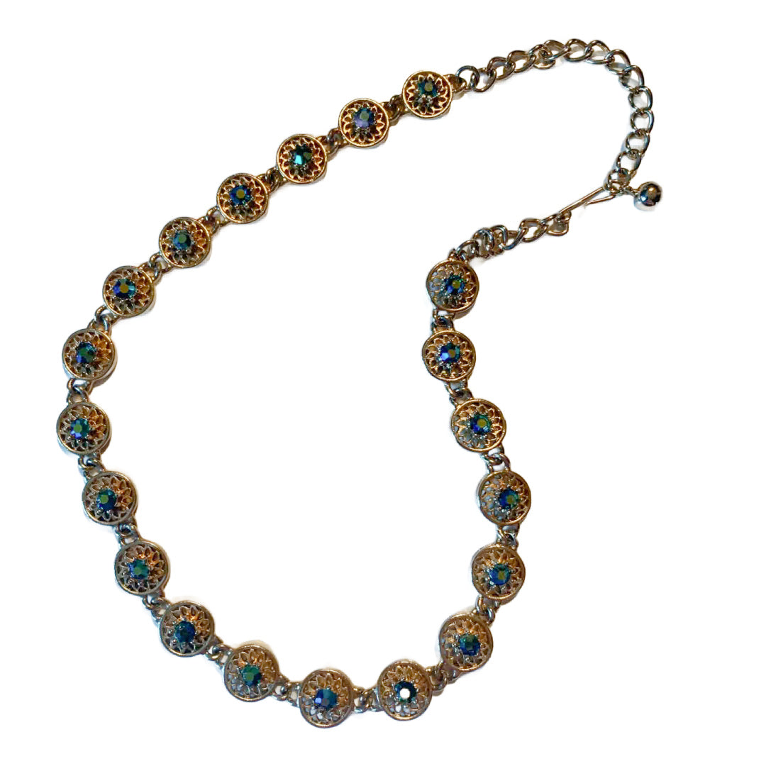Blue Green Aurora Borealis Chain Necklace circa 1960s
