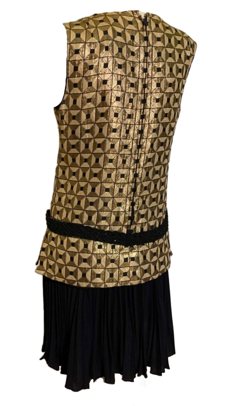 20s Inspired Gold and Black Metallic Bodice Mini Dress Pleated Skirt circa 1960s