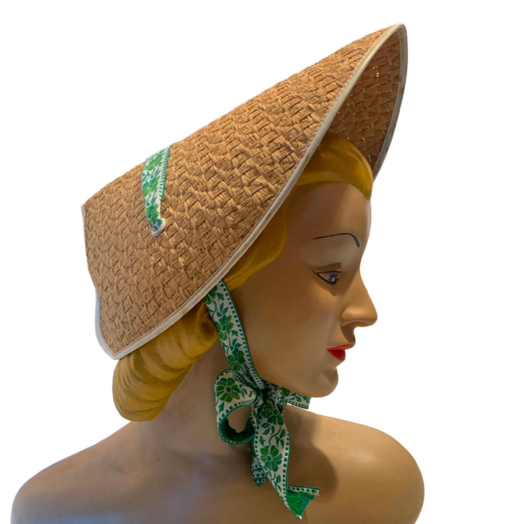 Straw Bonnet with Barbie Pink Chiffon Scarf Strap circa 1970s