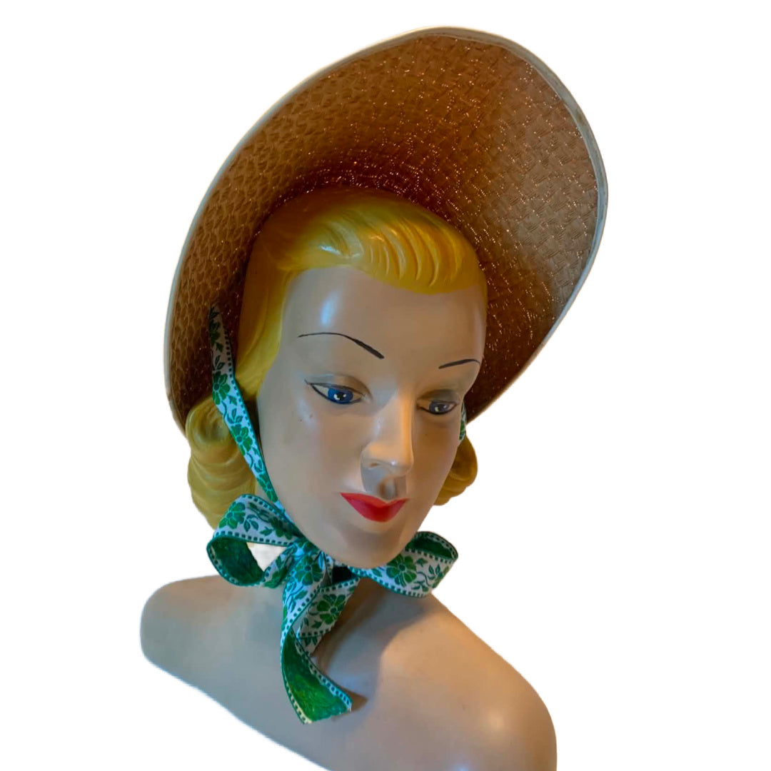 Straw Bonnet with Barbie Pink Chiffon Scarf Strap circa 1970s