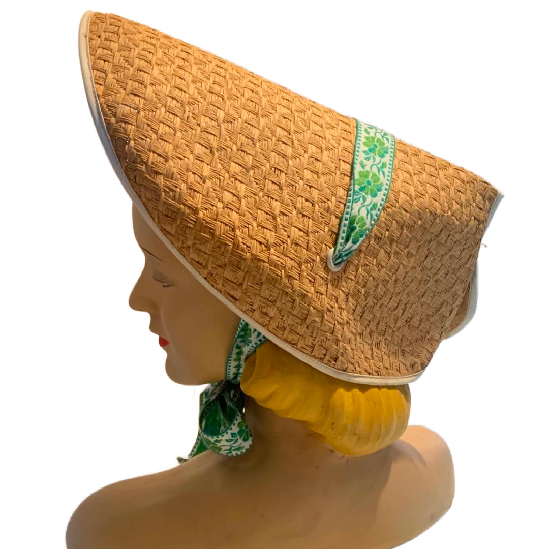 Straw Bonnet with Barbie Pink Chiffon Scarf Strap circa 1970s