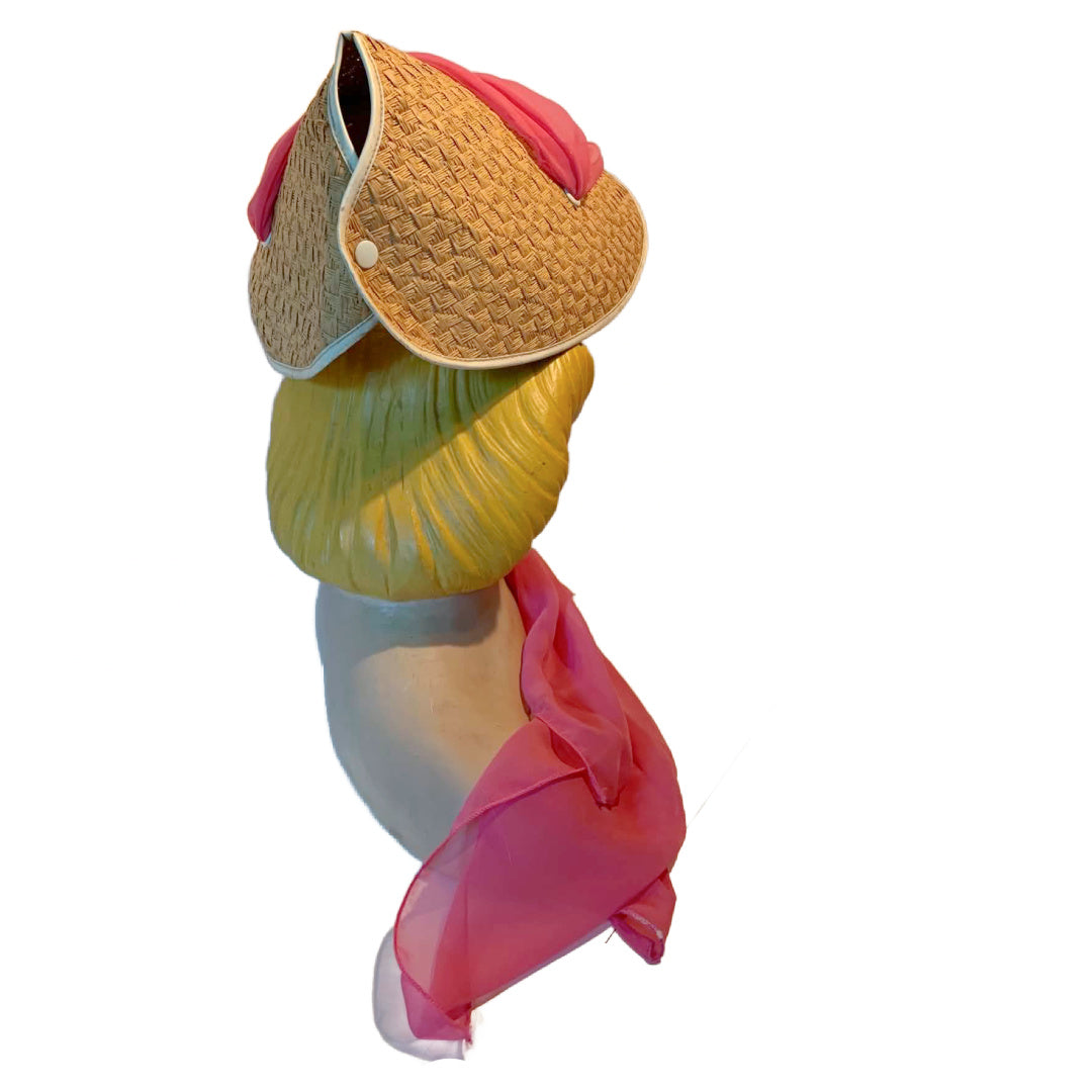 Straw Bonnet with Barbie Pink Chiffon Scarf Strap circa 1970s