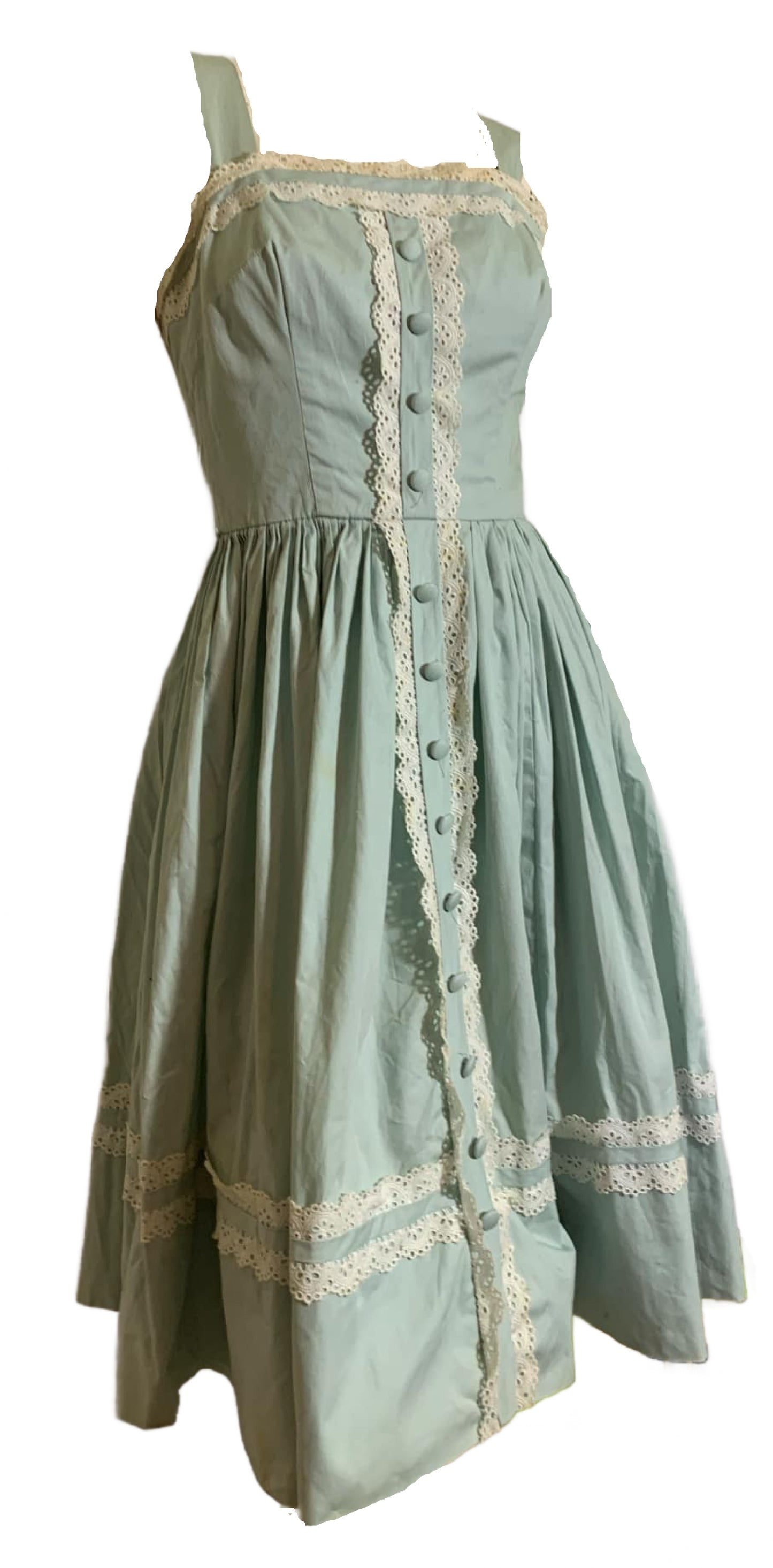 Palest Sky Blue Cotton Sun Dress with Lace Trim circa 1940s as is