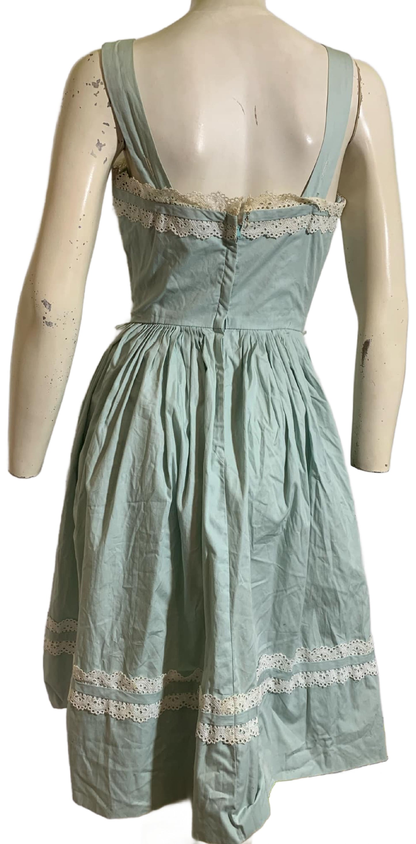 Palest Sky Blue Cotton Sun Dress with Lace Trim circa 1940s as is