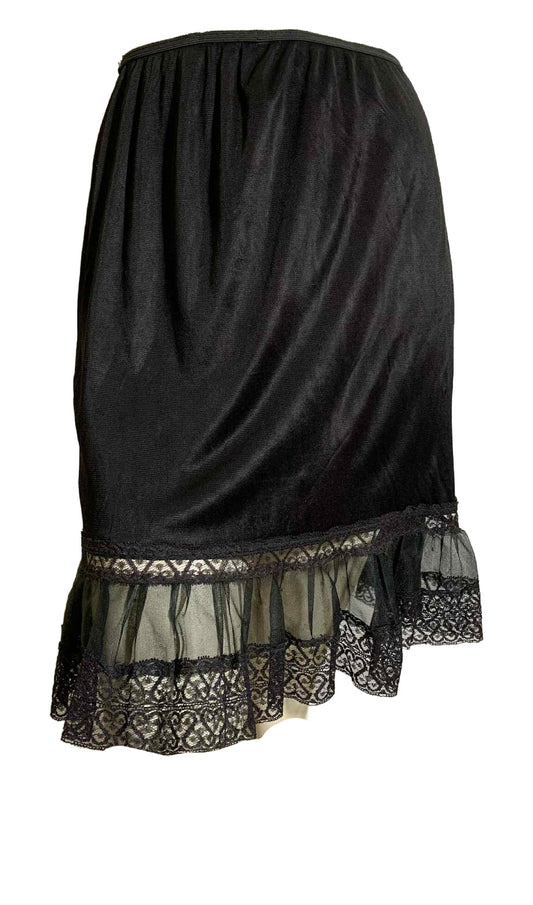 Jet Black Nylon Mini Slip with Ruffled Front Lace Hem circa 1960s