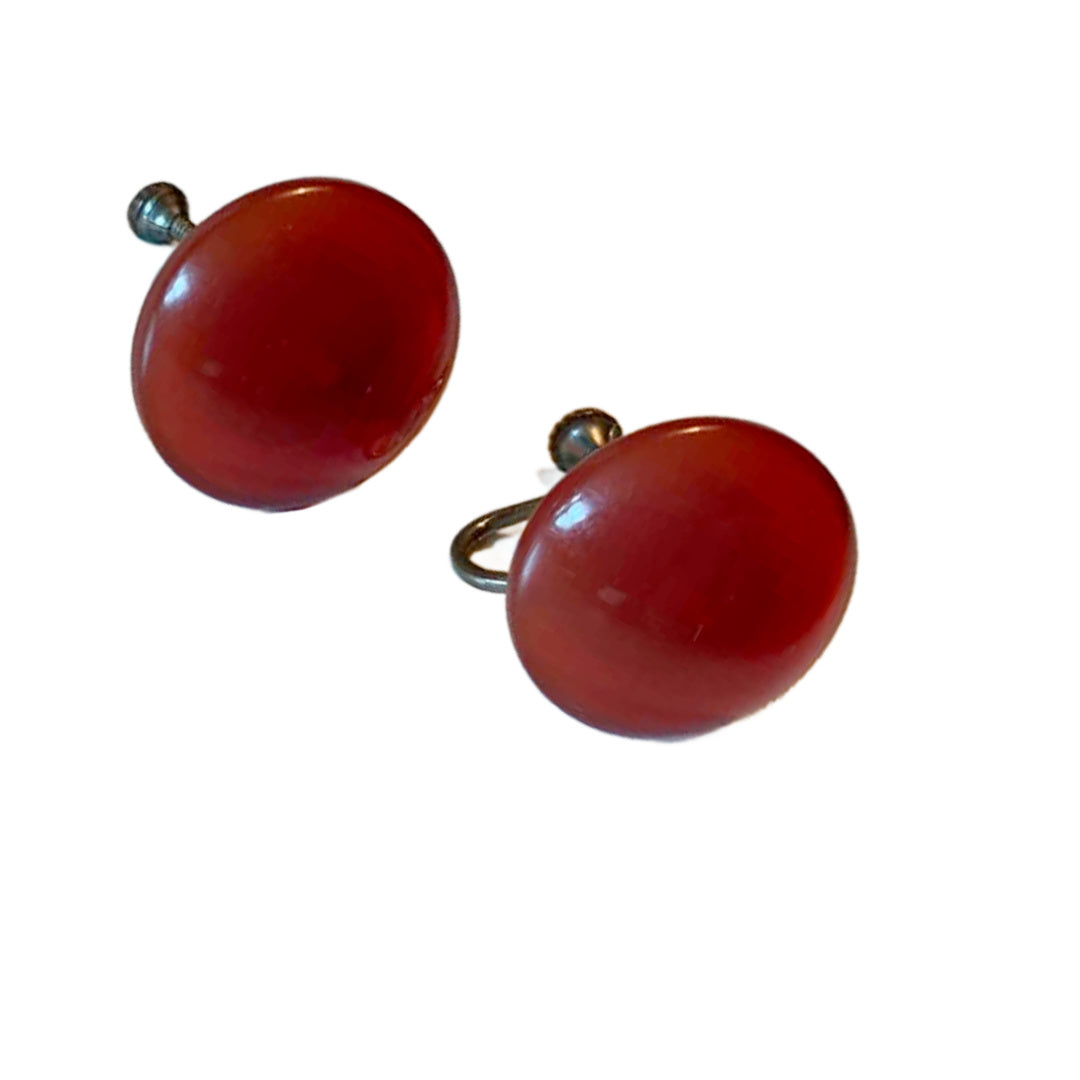 Rose Colored Bakelite Dot Earrings Screwback Clips circa 1940s