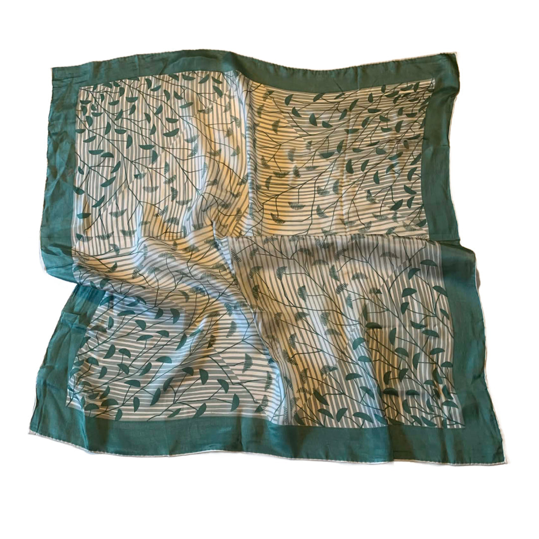 Stylized Green Leaf Print Square Scarf circa 1970s