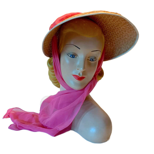 Straw Bonnet with Barbie Pink Chiffon Scarf Strap circa 1970s