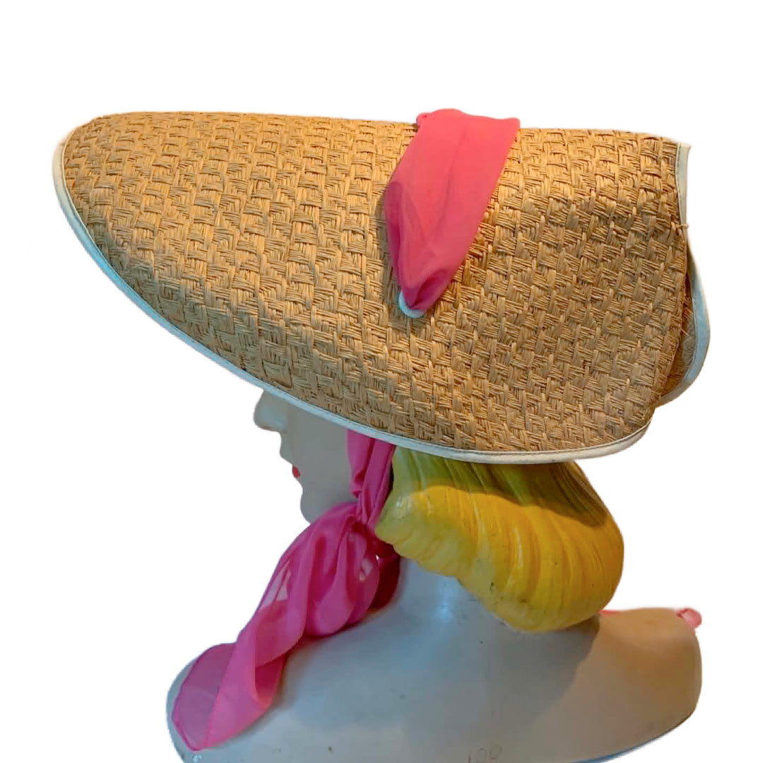 Straw Bonnet with Barbie Pink Chiffon Scarf Strap circa 1970s