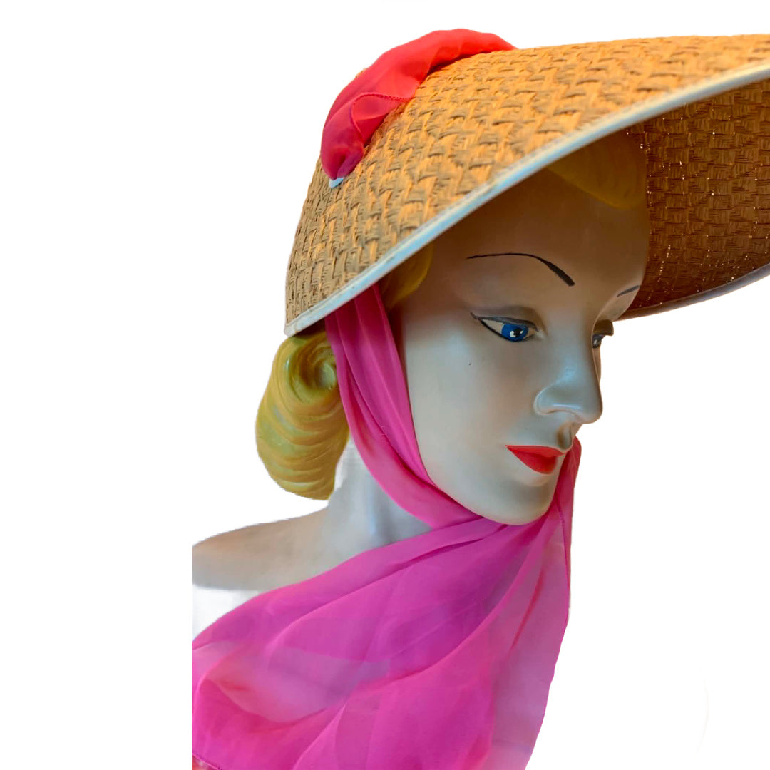 Straw Bonnet with Barbie Pink Chiffon Scarf Strap circa 1970s