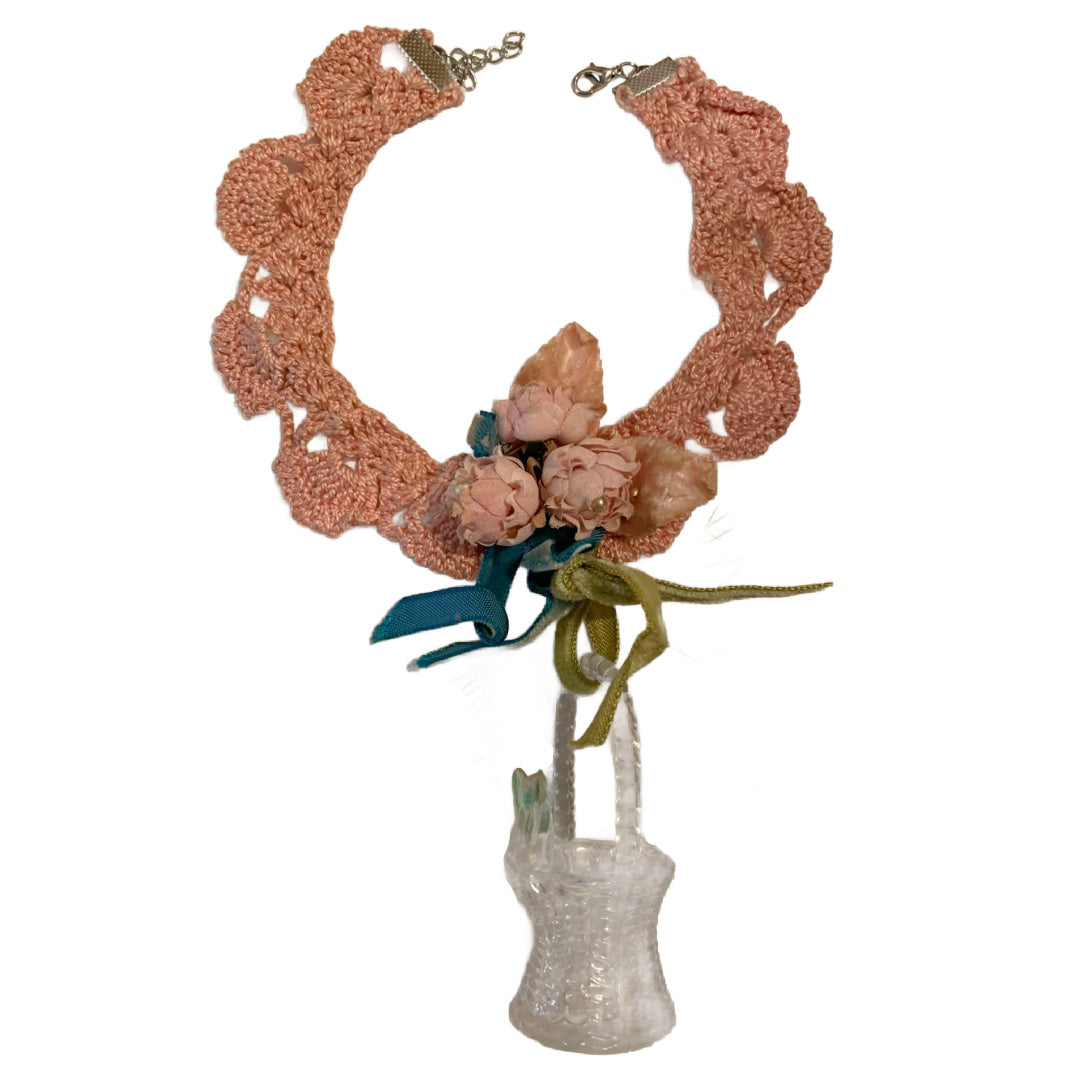 Faith is a Bluebird Reimagined Antique Crocheted Choker Necklace with Flowers and Bluebird on Basket